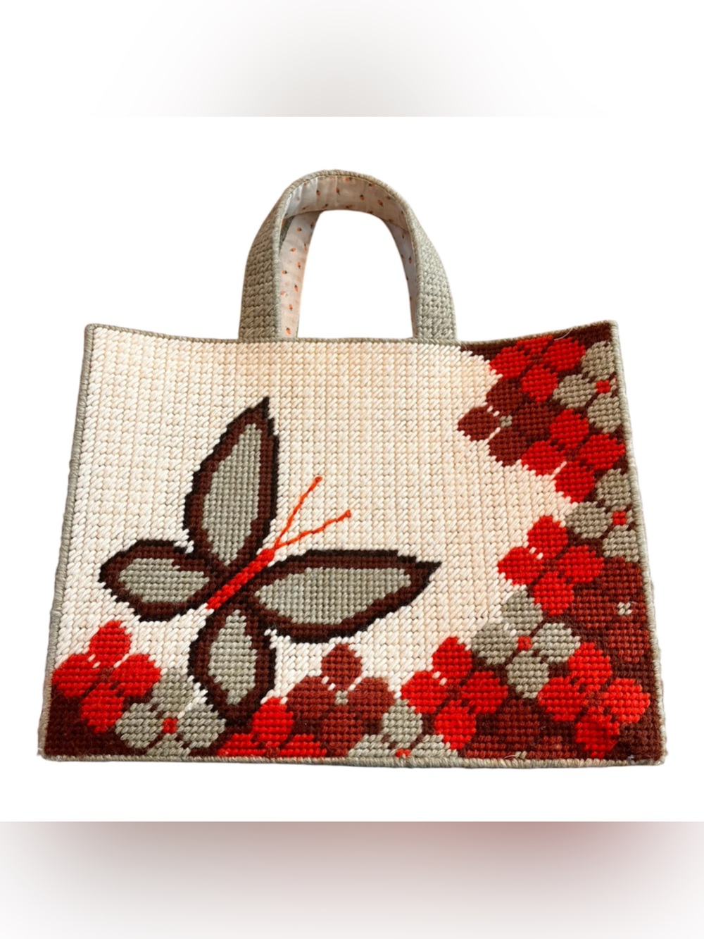 Vintage 70s Handmade Needlepoint Butterfly Plastic Canvas Tote Bag Boho Retro